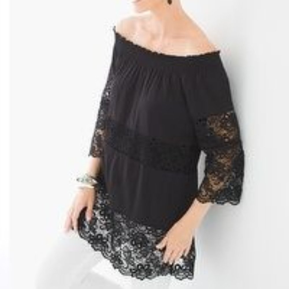 CHICO'S SMOCKED NECKLINE LACE POPOVER TUNIC